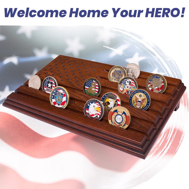 TESLYAR 6 Rows Military Challenge Coins Stand Holder Display Rack Wooden Army Collectible Challenge Coin Display Case Wood Stand  Holds 30-36 Coins Natural Solid Wood Brown American Flag (Mahogany) - Image 4